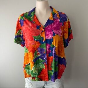 Vintage Jams World Button Down Shirt Blouse Top Tropical Hawaiian Size Large 90s